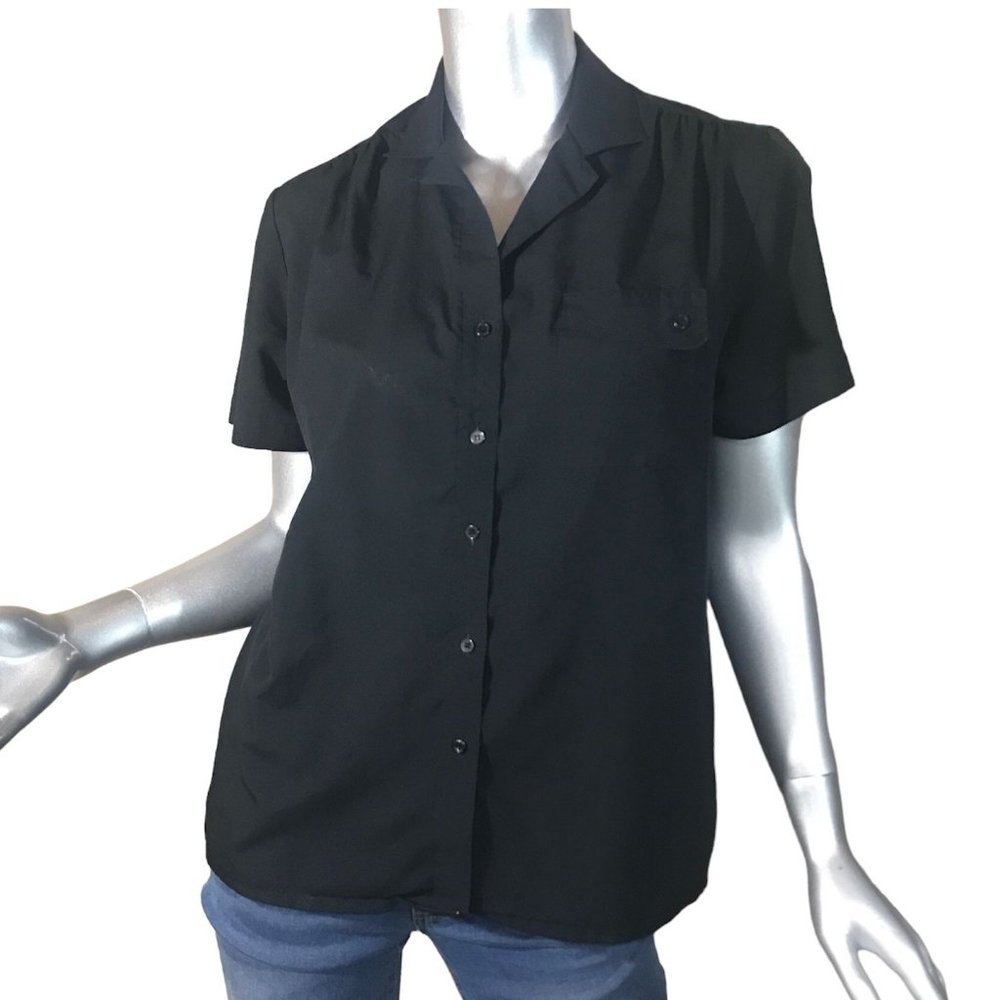 Ann Chabrol Vintage 12 Large Black Button Front Blouse Shirt Short Sleeve